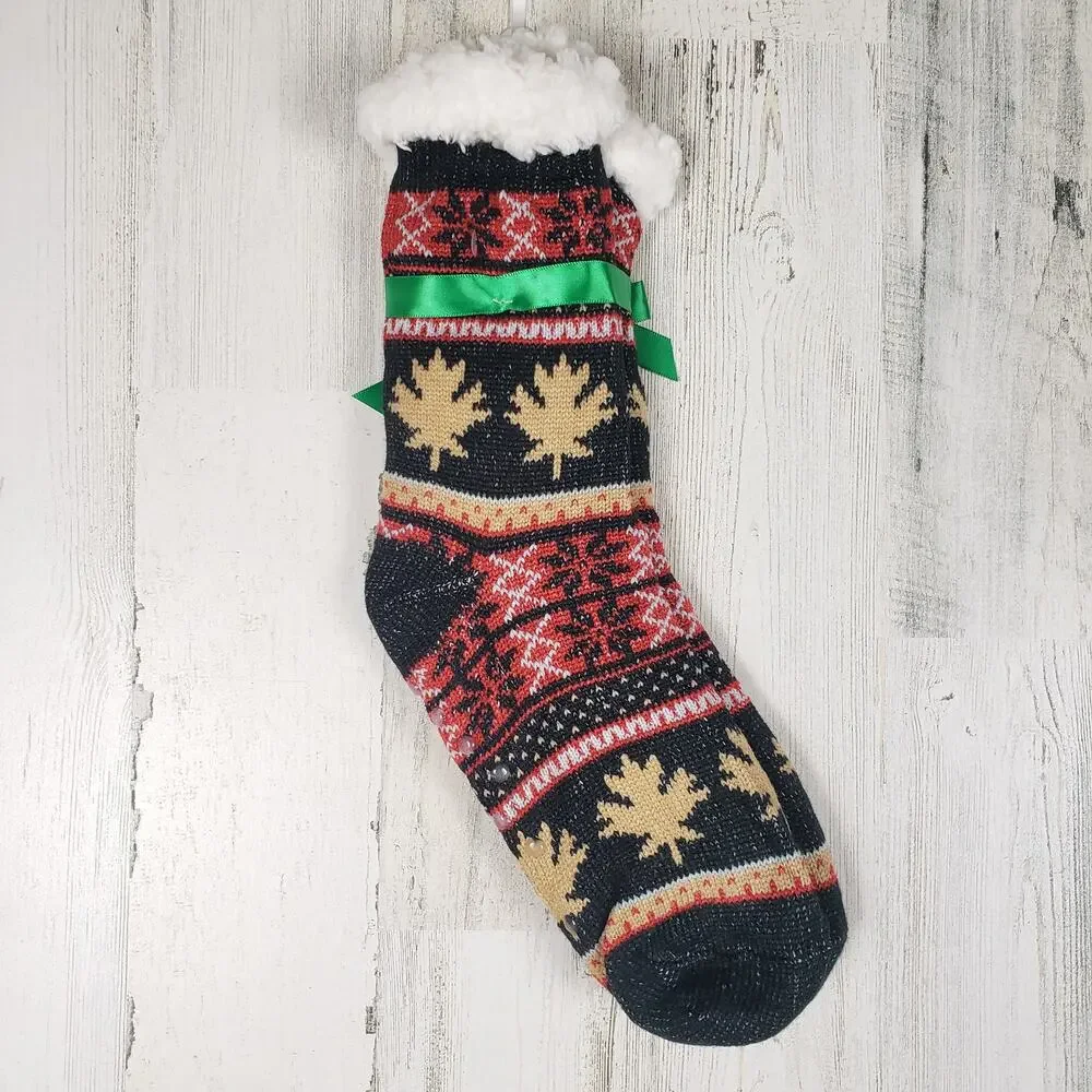 NWT Sherpa Lined Knit Winter Snowflake Leaf Design No-Slip Slipper Socks